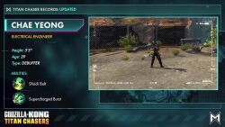 1girl 3d aiming animated audible_music broken_fence bulletproof_vest bush chae-yeong_(godzilla_x_kong:_titan_chasers) character_name character_profile cliff cross_promotion crossover day directed-energy_weapon dirt electricity electroshock_weapon energy energy_gun energy_weapon english_text fence fern firing godzilla_(series) godzilla_x_kong:_the_new_empire godzilla_x_kong:_titan_chasers grappling_hook guard_rail gun helmet highres hunted_cow_studios king_kong_(series) legendary_pictures lmonsterverse military_uniform monsterverse nature official_art outdoors plant promotional_art recording rifle road sound swinging tie-in tilting_point_llc video video_game water waterfall weapon