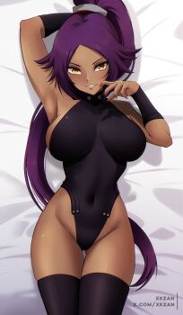 1girl artist_name black_leotard black_thighhighs bleach bleach:_sennen_kessen-hen breasts curvy dark-skinned_female dark_skin female_focus fingernails hair_ornament highleg highleg_leotard highres large_breasts leotard long_hair looking_at_viewer lying on_back parted_bangs ponytail purple_hair sharp_fingernails shihouin_yoruichi shiny_skin smile thighhighs thighs twitter_username wide_hips xkzan yellow_eyes