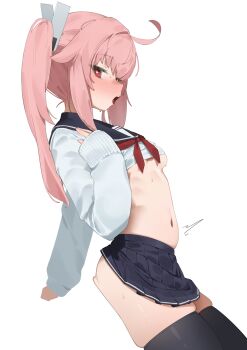 1girl ahoge ass black_sailor_collar black_skirt black_thighhighs blue_archive blush breasts bright_pupils cardigan commentary_request flasso from_side hair_ornament hand_up heart heart-shaped_pupils highres loli long_hair long_sleeves looking_at_viewer natsu_(blue_archive) navel neckerchief no_bra open_mouth pink_hair pleated_skirt red_eyes red_neckerchief ribbon sailor_collar school_uniform serafuku shirt_partially_removed side_ponytail simple_background skindentation skirt sleeves_past_wrists small_breasts solo stomach sweat symbol-shaped_pupils teeth thighhighs thighs underboob upper_teeth_only white_background white_cardigan white_pupils