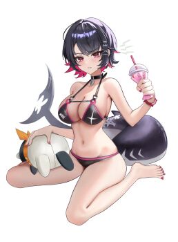 1girl absurdres alternate_costume bangboo_(zenless_zone_zero) barefoot bikini black_bikini black_hair breasts cleavage commentary cup disposable_cup ellen_joe eous_(zenless_zone_zero) feet fins fish_tail highres holding holding_cup jyn_jyn large_breasts navel red_eyes red_hair shark_girl shark_tail short_hair simple_background solo stomach swimsuit tail toes two_side_up white_background zenless_zone_zero