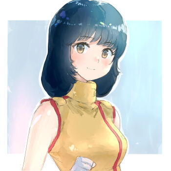 1girl aeug black_hair blue_background blue_eyes blue_hair breasts commentary dress fa_yuiry gloves gradient_background gundam highres looking_at_viewer medium_hair military_uniform nao32 portrait science_fiction sleeveless smile solo upper_body white_background white_gloves zeta_gundam