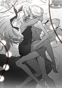 2girls bare_legs barefoot blush bow charlie_morningstar circle_facial_mark commentary demon_girl english_commentary facial_mark fangs from_above greyscale hair_bow hand_on_another's_thigh hazbin_hotel hellaverse highres hug kayama_(fukayama) leg_lift monochrome multi-tied_hair multiple_girls nude open_mouth ponytail smile sweat thighs vaggie wrapped_in_blanket yuri