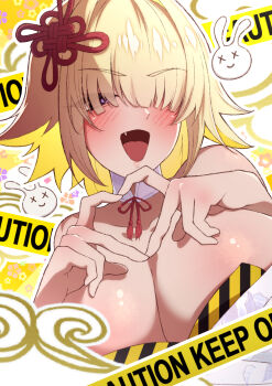 1girl absurdres blonde_hair blush breasts caution_tape cleavage commentary_request elegg_(nikke) fang four-finger_heart_hands goddess_of_victory:_nikke hair_over_one_eye heart heart_hands highres kamitsune large_breasts looking_at_viewer open_mouth short_hair smile solo yellow_eyes