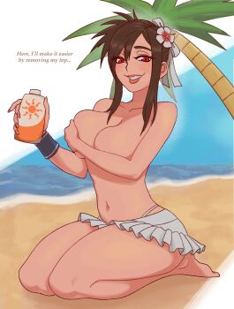 1girl absurdres bare_legs barefoot beach bikini bikini_skirt black_hair breasts commentary covering_breasts covering_privates english_commentary english_text final_fantasy final_fantasy_vii final_fantasy_vii_remake flower frilled_bikini frills hair_flower hair_ornament highres huge_breasts microskirt official_alternate_costume official_alternate_hairstyle pengan skirt smile solo swimsuit thong thong_bikini tifa_lockhart tifa_lockhart_(shining_spirit) topless_female white_bikini