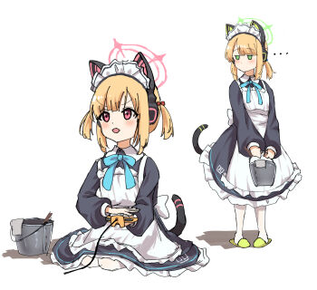 ... 2girls animal_ear_headphones animal_ears blue_archive bucket controller fake_animal_ears fall_(5754478) game_controller headphones highres holding holding_bucket holding_controller holding_game_controller kneeling maid maid_headdress midori_(blue_archive) midori_(maid)_(blue_archive) momoi_(blue_archive) momoi_(maid)_(blue_archive) multiple_girls neck_ribbon nintendo_64_controller pigeon-toed ribbon siblings simple_background sisters sitting spoken_ellipsis tail twins white_background