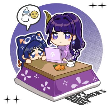 1boy 1girl absurdres alternate_costume animal_hood asymmetrical_sidelocks black_eyes black_hair blunt_bangs blunt_ends blush_stickers braid casual cat_hood children's_day closed_mouth coffee computer contemporary cross-laced_sweater cup earrings expressionless eyeliner eyeshadow flower_earrings food fruit genshin_impact hand_rest highres hood hood_up jewelry kotatsu laptop long_hair long_sleeves looking_at_another looking_at_object low-braided_long_hair low-tied_long_hair makeup mandarin_orange mitsudomoe_(shape) mole mole_under_eye momogourami mother_and_son onesie plate pleading_eyes purple_background purple_eyes purple_hair purple_hood purple_sleeves purple_sweater raiden_shogun red_eyeliner red_eyeshadow ribbed_sleeves ribbed_sweater scaramouche_(genshin_impact) sidelocks sitting spoken_emoji spoken_object sweater swept_bangs table tomoe_(symbol) turtleneck turtleneck_sweater typing white_background