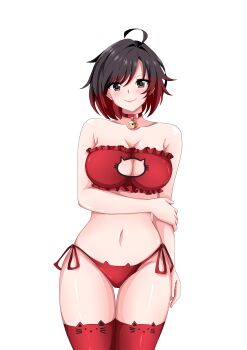 1girl absurdres ahoge animal_ear_legwear asymmetrical_legwear bare_shoulders bell black_eyes black_hair blush bra breasts cat_cutout cat_ear_legwear cat_ear_panties cat_lingerie cleavage cleavage_cutout closed_mouth clothing_cutout collar collarbone cowboy_shot eyelashes frilled_bra frills gradient_hair groin hair_between_eyes highres holding_own_arm jingle_bell large_breasts lips mukhbita249 multicolored_hair navel neck_bell panties red_bra red_collar red_hair red_panties red_thighhighs ruby_rose rwby side-tie_panties simple_background smile solo standing stomach straight-on thigh_gap thighhighs transparent_background two-tone_hair underwear