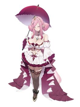 1girl black_shoes breasts cleavage clothing_cutout dress gloves highres holding holding_umbrella kurowanjjyang large_breasts malice_evermore navel navel_cutout phase_connect pink_hair pointy_ears purple_eyes shoes solo thighhighs tiara umbrella virtual_youtuber white_dress white_gloves white_sleeves wide_sleeves