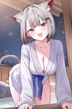 1girl absurdres animal_ear_fluff animal_ears bent_over black_sky blush breasts cat_ears cat_girl cat_tail center-flap_bangs cleavage commentary_request double-parted_bangs earclip earrings fang floating_earrings grey_hair hair_intakes hair_ornament hairclip highres jewelry korean_commentary large_breasts long_sleeves looking_at_viewer multicolored_hair naked_robe neneko_mashiro night onsen open_mouth outdoors parallel_hairclips red_eyes robe saho_4545 short_hair sidelocks sky smile solo standing star_(sky) stellive streaked_hair tail virtual_youtuber water_drop wet white_robe