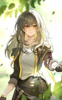 1girl black_gloves black_jacket falling_leaves gloves gold_trim grey_hair highres honkai:_star_rail honkai_(series) hoxino jacket leaf looking_at_viewer sleeves_rolled_up stelle_(honkai:_star_rail) trailblazer_(honkai:_star_rail) yellow_eyes