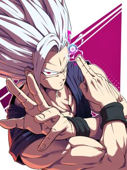 Rule 34 | 1boy, absurdres, bare shoulders, colored eyelashes, commentary request, dragon ball, dragon ball super, dragon ball super super hero, gohan beast, highres, horang4628, korean commentary, long hair, makankousappou, male focus, muscular, muscular male, powering up, purple background, purple shirt, red eyes, shirt, simple background, solo, son gohan, upper body, white background, white hair