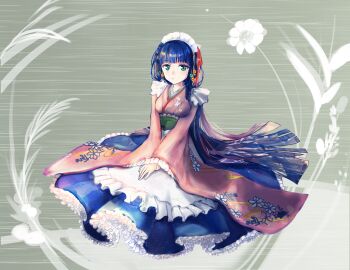 1girl blue_eyes blue_hair blue_skirt blunt_bangs breasts closed_mouth commentary_request floral_background frilled_skirt frills full_body green_background japanese_clothes kimono kototomari long_hair long_sleeves looking_at_viewer maid maid_headdress medium_breasts original pink_kimono skirt solo wa_maid wide_sleeves