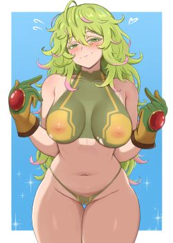 1girl ahoge armpit_crease blush bodypaint boku_no_hero_academia border breasts collarbone cowboy_shot curvy deku&#039;s_photo_of_hagakure_toru gloves green_eyes green_hair groin hagakure_toru hands_up highres large_breasts long_hair messy_hair navel nipples nude painted_clothes pointing pointing_at_self pussy sleeptopi solo stomach thigh_gap thighs very_long_hair wavy_hair white_border