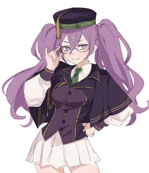 1girl adjusting_eyewear black-framed_eyewear breasts buttons capelet closed_mouth cowboy_shot fate/grand_order fate_(series) green_necktie hair_between_eyes highres kaigan0211 lapels long_sleeves looking_at_viewer miniskirt necktie notched_lapels purple_capelet purple_eyes purple_hair simple_background sion_eltnam_(type-moon) sion_eltnam_sokaris sketch skirt sleeve_cuffs small_breasts smile solo twintails white_background white_skirt