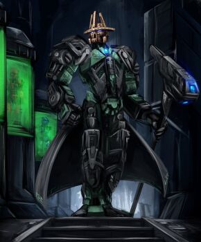 Rule 34 | 1boy, absurdres, artakha (being), bionicle, clothes writing, commentary, dark, english commentary, forge, full body, glowing, gold mask, hammer, highres, holding, holding hammer, humanoid robot, indoors, kanohi (bionicle), looking to the side, male focus, perp3tual, robot, science fiction, solo focus, standing, stasis tank, the lego group, waist cape