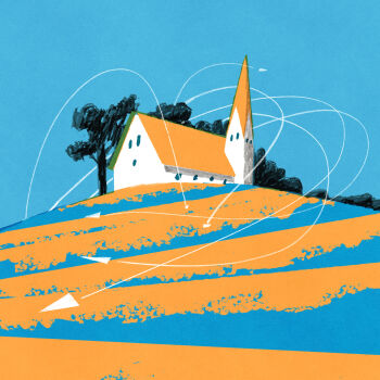 Rule 34 | blue sky, building, church, highres, hill, iida kento, no humans, original, outdoors, paper airplane, sky, tree