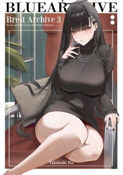 1girl black_hair black_halo black_sweater blue_archive blunt_bangs blush breasts bright_pupils covered_navel hair_ornament hairclip halo highres jewelry kakumayu large_breasts long_hair looking_at_viewer necklace parted_lips red_eyes rio_(blue_archive) sitting solo sweater thighs turtleneck turtleneck_sweater very_long_hair white_pupils