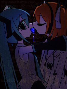 2girls a.i._voice adachi_rei aqua_eyes aqua_hair aqua_necktie black_sleeves blue_screen_of_death chiori_(_chio_ri) closed_eyes dark detached_sleeves drawstring dripping face-to-face from_side grey_shirt hair_ornament hands_on_another's_shoulders hatsune_miku highres jacket kiss long_hair long_sleeves multiple_girls necktie open_mouth orange_hair shirt sleeveless sleeveless_shirt text_background twintails upper_body utau vocaloid white_jacket yuri