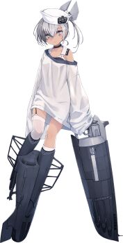 1girl bad_link ballet_boots black_one-piece_swimsuit dace_(kancolle) dixie_cup_hat full_body garter_straps grey_eyes grey_hair hat headgear kantai_collection looking_at_viewer machinery military_hat official_art one-piece_swimsuit shirt shizuma_yoshinori side_ponytail single_garter_strap single_thighhigh sleeves_past_fingers sleeves_past_wrists solo swimsuit swimsuit_under_clothes thighhighs transparent_background white_hat white_shirt