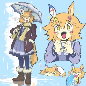 +_+ 1girl animal_ears beeglubbee blush_stickers boots bow bowtie breasts brown_boots brown_coat closed_eyes closed_mouth clover_hair_ornament coat daruma_doll daruma_doll_hair_ornament ear_covers flipped_hair four-leaf_clover_hair_ornament fur-trimmed_boots fur_trim hair_between_eyes hair_ornament highres holding holding_umbrella horse_ears horse_girl horse_tail matikanefukukitaru_(umamusume) open_mouth orange_hair pleated_skirt purple_sailor_collar purple_serafuku purple_shirt purple_skirt purple_thighhighs rain sailor_collar sailor_shirt scarf school_uniform serafuku shirt short_hair single_ear_cover skirt smile sparkle tail teeth thighhighs tracen_school_uniform umamusume umbrella under_covers upper_teeth_only water white_bow white_bowtie yellow_scarf zzz