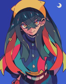 1girl belt black_hair blue_background buttons carmine_(pokemon) closed_mouth crescent crossed_bangs eyelashes gloves hair_between_eyes hairband leaning_forward long_hair long_sleeves looking_at_viewer mizuki_tsukimori mole mole_under_eye nintendo orange_eyes pokemon pokemon_sv simple_background smile solo thick_eyebrows white_belt yellow_hairband