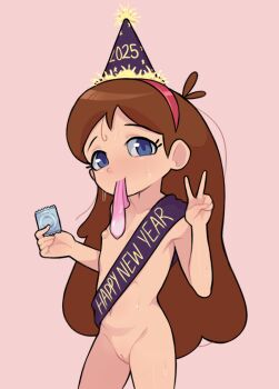 1girl 2025 blue_eyes brown_hair cleft_of_venus condom condom_in_mouth condom_wrapper cowboy_shot female_focus flat_chest hairband happy_new_year hat holding holding_condom large_areolae loli long_hair looking_at_viewer mouth_hold new_year nipples nude original party_hat pink_background pink_hairband pussy sash simple_background solo sweat uncensored used_condom v very_long_hair yep_melon