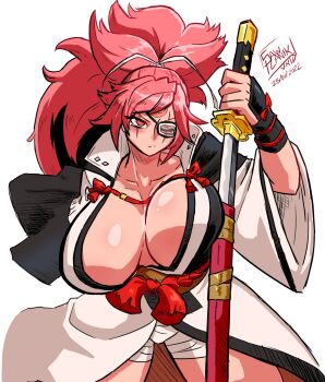 1girl annoyed arc_system_works arm_up artist_name baiken bandages black_gloves black_kimono blush breasts center_opening closed_mouth collarbone cowboy_shot dated embarrassed eyebrows eyelashes eyepatch female_focus fingerless_gloves gloves guilty_gear guilty_gear_strive highres holding holding_sword holding_weapon huge_breasts japanese_clothes katana kimono long_hair looking_at_viewer matching_hair/eyes one_eye_closed pink_eyes pink_hair ponytail scar scar_across_eye scar_on_face simple_background solo standing sword tsundere two-tone_kimono vkid weapon white_background white_kimono wide_sleeves