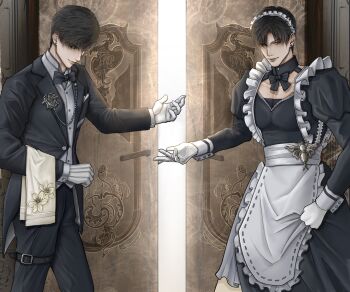 apron black_dress butler commentary_request crossdressing crossdressing_(mtf) dlloyee door dress frilled_apron frills gloves highres love_and_deepspace maid maid_apron maid_headdress male_maid open_door puffy_sleeves white_apron white_gloves zayne_(love_and_deepspace)