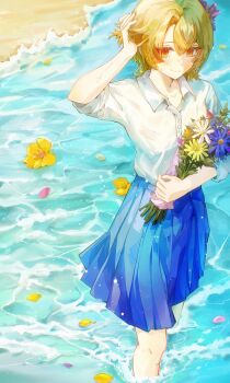 1girl absurdres adjusting_hair ati_cangshu beach blonde_hair blue_flower blue_skirt bouquet closed_mouth collared_shirt flower from_above hand_up hasumi_leia highres holding holding_bouquet looking_at_viewer mahou_shoujo_no_majo_saiban outdoors pleated_skirt shirt short_hair short_sleeves skirt smile solo standing wading water white_shirt yellow_flower