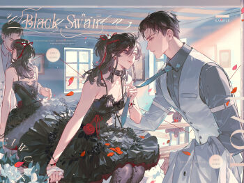 1boy 1girl absurdres alternate_costume alternate_hair_length alternate_hairstyle alternate_universe arm_belt bare_shoulders black_choker black_dress black_hair black_pantyhose black_ribbon blue_necktie bracelet braid breasts brown_hair choker cleavage closed_mouth clothes_grab collarbone collared_shirt contemporary dress earrings english_text falling_petals flower formal_clothes frilled_dress frills genderswap genderswap_(mtf) grey_eyes grey_shirt grey_vest hair_ribbon hairband half_updo hand_in_pocket hetero highres holding holding_ribbon holding_unworn_clothes indoors jacket jewelry lan_wangji leaf long_hair long_sleeves looking_at_another modao_zushi moon necktie necktie_grab neckwear_grab painting_(object) pants pantyhose parted_lips petals pocket ponytail red_flower red_hairband red_petals red_ribbon red_rose ribbon rose rose_petals sample_watermark shirt short_hair side_braids sitting sleeveless sleeveless_dress small_breasts smile ss_xixi standing suit table unworn_jacket vest watermark wei_wuxian white_flower white_jacket white_ribbon white_vest window yellow_eyes