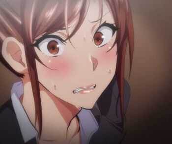 Rule 34 | 1girl, anime screenshot, azuma hisato, blush, brown eyes, brown hair, chromatic aberration, clenched teeth, collared shirt, embarrassed, from behind, himawari wa yoru ni saku, jacket, jpeg artifacts, medium hair, nervous, parted lips, portrait, scared, shirt, sidelocks, simple background, sweat, swept bangs, t-rex (animation studio), takeda hiromitsu, teeth, white shirt, wide-eyed