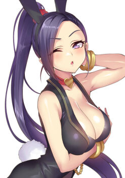 1girl animal_ears blue_hair blush bracelet breasts cleavage collar collarbone commentary_request dragon_quest dragon_quest_xi female_focus heart highres jewelry large_breasts long_hair looking_at_viewer martina_(dq11) one_eye_closed ponytail puff_puff purple_hair rabbit_ears rabbit_tail senri_gan simple_background sleeveless solo tail upper_body white_background