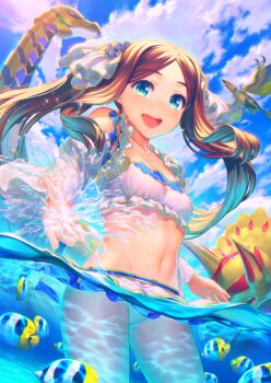 1girl :d bikini blue_sky breasts brown_hair butterflyfish caustics cloud collarbone cowboy_shot day detached_sleeves dinosaur fate/grand_order fate_(series) fish floating_hair frilled_bikini frills game_cg hair_ornament hands_up leonardo_da_vinci_(fate) leonardo_da_vinci_(fate/grand_order) leonardo_da_vinci_(rider)_(fate) leonardo_da_vinci_(swimsuit_ruler)_(fate) leonardo_da_vinci_(swimsuit_ruler)_(final_ascension)_(fate) looking_at_viewer navel non-humanoid_robot ocean official_art open_mouth parted_bangs partially_submerged partially_underwater_shot plesiosaur robot robot_animal robot_bird sidelocks simosi sky small_breasts smile solo splashing standing swimsuit teeth third-party_source triceratops tropical_fish twintails underwater upper_teeth_only water white_bikini white_sleeves
