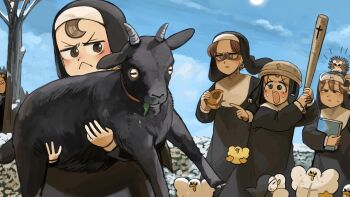 5girls :< :o angry baby_animal bare_tree baseball_bat bible_(object) bird blonde_hair blue_eyes brown_eyes brown_hair burger chicken closed_eyes clumsy_nun_(diva) commentary diva_(hyxpk) duck duckling english_commentary eyewear_on_head food froggy_nun_(diva) glasses glasses_nun_(diva) goat hedgehog helmet highres hungry_nun_(diva) little_nuns_(diva) multiple_girls nun round_eyewear shaded_face squinting star_nun_(diva) star_ornament traditional_nun tree