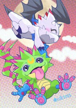 Rule 34 | black wings, closed eyes, commentary request, crescent, digimon, digimon (creature), digimon beatbreak, digimon ghost game, dragon, facial mark, forehead mark, gammamon, gecko, gekkomon, highres, horns, tongue, tongue out, tsukaima (vfcou), wings