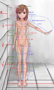 10s 1girl 2013 abs absurdres anatomy arm_up bare_hips bare_legs bare_shoulders barefoot bone breasts brown_eyes brown_hair collarbone completely_nude curtains female_focus full_body gluteal_fold groin hair_ornament hairclip highres i'm_jealous_(artist) indoors japanese_text looking_at_viewer matching_hair/eyes misaka_mikoto navel nipples nude ribs short_hair small_breasts smile solo standing stomach toaru_kagaku_no_railgun toaru_majutsu_no_index toes x-ray