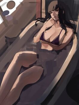 1girl alternate_costume bare_legs bath bathing bathtub bikini black_bikini black_eyes black_hair blunt_bangs book breasts brown_eyes candle cleavage feet_out_of_frame female_focus female_masturbation finger_to_mouth fire_emblem fire_emblem_awakening hand_up heavy_breathing highres indoors j@ck large_breasts leaning_back legs long_hair looking_at_viewer masturbation matching_hair/eyes medium_breasts nintendo parted_lips partially_submerged sitting skull smile solo steam swimsuit tharja_(fire_emblem) thighs two_side_up underboob unfinished water wet window