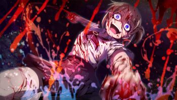 1girl akasaka_miyuki blood blood_on_clothes blood_on_face blood_on_hands blood_on_leg blood_splatter brown_hair collared_shirt cowboy_shot crazy crazy_smile dutch_angle from_behind game_cg highres higurashi_no_naku_koro_ni higurashi_no_naku_koro_ni_mei looking_at_viewer miniskirt motion_blur neckerchief night non-web_source official_art one_side_up open_mouth pleated_skirt pov punching purple_eyes red_neckerchief red_skirt school_uniform shirt short_hair short_sleeves skirt smile solo summer_uniform teeth wet_lens white_shirt