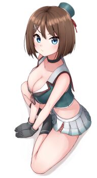 1girl animated animated_gif arrow_(symbol) beret black_gloves blinking blue_eyes breasts brown_hair cleavage clenched_hand full_body gloves hair_ornament hairclip hat hat_ribbon headgear indian_style kantai_collection large_breasts looking_at_viewer maya_(kancolle) maya_kai_ni_(kancolle) midriff mini_hat pleated_skirt red_ribbon ribbon school_uniform serafuku short_hair simple_background sitting skirt sleeveless solo tiemu_(man190) white_background white_skirt x_hair_ornament