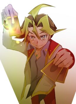 1boy blonde_hair brown_hair card colored_bangs grin holding holding_card jacket male_focus ric_(aceradio) sawatari_shingo school_uniform smile solo yu-gi-oh! yu-gi-oh!_arc-v
