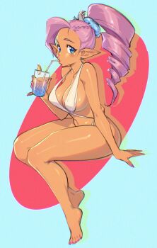 Rule 34 | 1girl, bare legs, barefoot, bikini, blue eyes, blush, borrowed character, braid, breasts, cleavage, cup, dark-skinned female, dark elf, dark skin, drill hair, drink, drinking, drinking glass, drinking straw, drop shadow, earrings, elf, feet, fingernails, full body, hair ornament, highres, holding, holding cup, invisible chair, jewelry, kukumomo, large breasts, long hair, long pointy ears, looking at viewer, nail polish, navel, one-piece swimsuit, pink nails, pinky out, pointy ears, ponytail, purple hair, purple nails, shantae, shantae (series), side drill, sideboob, sitting, slingshot swimsuit, solo, strap gap, swimsuit, thighs, toenail polish, toenails, toes, white bikini, white one-piece swimsuit