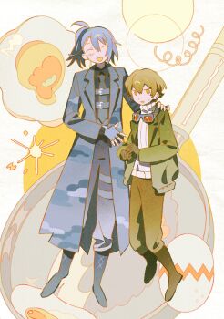 Rule 34 | 2boys, asymmetrical bangs, bakori514 (h akka), bangs pinned back, black boots, black shirt, boots, brown eyes, brown gloves, brown hair, brown pants, closed eyes, coat, collared shirt, commentary, dress shirt, facing viewer, fingerless gloves, food-themed background, fried egg, frying pan, full-stop office (identity) (project moon), gloves, green jacket, green sleeves, grey coat, grey gloves, grey necktie, grey pants, grey sleeves, hair tie, hand on another's shoulder, height difference, high ponytail, highres, hong lu (project moon), jacket, lapels, limbus company, long sleeves, looking at viewer, multiple boys, necktie, open clothes, open coat, open hand, open mouth, pants, ponytail, project moon, ribbed sweater, shirt, sinclair (project moon), sweatdrop, sweater, turtleneck, turtleneck sweater, undershirt, untranslatable commentary, white background, white sweater, wing collar, zwei association south uniform