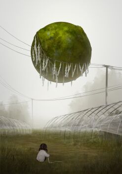 1girl black_hair child facing_away fog grass highres illustrator_kota marimo moss orb original outdoors power_lines rope shide shimenawa short_twintails solo squatting twintails wide_shot