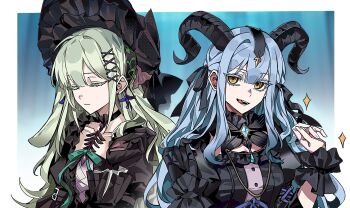 Rule 34 | 2girls, animal ears, bang dream!, bang dream! it's mygo!!!!!, black bonnet, black gloves, black horns, black ribbon, black wrist cuffs, blue background, blue hair, bonnet, border, chinese commentary, closed mouth, commentary request, curled horns, detached collar, floppy ears, gloves, gothic lolita, green hair, hair ornament, hair ribbon, hands up, highres, horns, lolita fashion, long hair, looking at viewer, multiple girls, ne2op, open mouth, outside border, rabbit ears, rabbit girl, ribbon, sidelocks, single glove, smile, sparkle, togawa sakiko, togawa sakiko (master of melodia), two side up, upper body, wakaba mutsumi, wakaba mutsumi (marionette's id), white border, wrist cuffs, x hair ornament, yellow eyes