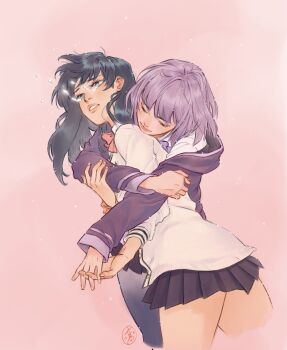 Rule 34 | 2girls, black hair, black pantyhose, black skirt, blue eyes, bow, bowtie, cardigan, closed mouth, collared shirt, commentary, dress shirt, english commentary, gridman universe, hair between eyes, highres, hug, hug from behind, irene koh, jacket, long hair, long sleeves, miniskirt, multiple girls, open clothes, pantyhose, pink background, pleated skirt, purple bow, purple hair, purple jacket, red bow, red bowtie, school uniform, scrunchie, shinjou akane, shirt, short hair, signature, simple background, skirt, smile, ssss.gridman, sweater, swept bangs, takarada rikka, tears, thighs, white shirt, white sweater, wrist scrunchie