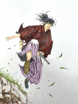 1boy black_eyes black_hair character_request clothing_request commentary_request full_body hair_tie highres holding holding_sword holding_weapon japanese_clothes katana long_sleeves male_focus open_mouth outstretched_hand ponytail ryouma_ga_yuku samurai smile socks solo suzunoki_yuu sword traditional_media upper_body weapon