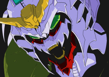 close-up commentary_request fangs g_gundam gicchon green_eyes gundam highres joints mecha mobile_suit nested_mouths no_humans no_pupils portrait robot robot_joints science_fiction sharp_teeth solo teeth v-fin walter_gundam