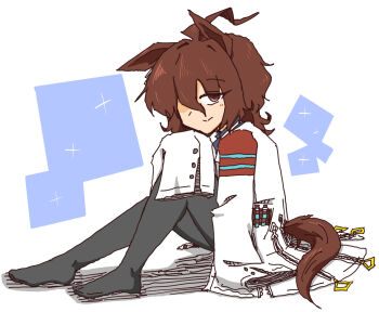 0840gannbru 1girl agnes_tachyon_(tach-nology)_(umamusume) agnes_tachyon_(umamusume) ahoge animal_ears blush brown_hair ear_ornament highres horse_ears horse_girl horse_tail huge_ahoge lab_coat long_hair looking_at_viewer necktie short_necktie sleeves_past_fingers sleeves_past_wrists smile solo sweater sweater_vest tail umamusume umamusume:_beginning_of_a_new_era wolf_cut yellow_sweater yellow_sweater_vest