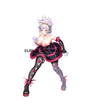 1girl alternate_costume blush breasts breasts_out cleavage cum cum_on_body cum_on_lower_body elbow_gloves full_body gloves halloween_costume highres izumo_tsuru large_breasts lilith-soft nipples official_alternate_costume shiny_skin simple_background taimanin_(series) taimanin_rpgx wide_hips zol