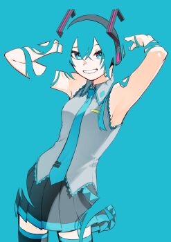 1girl absurdres aqua_background aqua_eyes aqua_hair aqua_necktie aqua_theme armpits bare_shoulders black_skirt blending crossed_bangs gomimusi_go_go grey_shirt hair_between_eyes hands_in_own_hair hatsune_miku headset highres looking_at_viewer necktie pleated_skirt shirt skirt sleeveless sleeveless_shirt smile solo teeth vocaloid